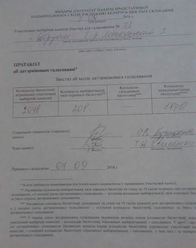 Протокол по итогам голосования за 2 дня. Бобруйск, участок №23 Ленинского округа.