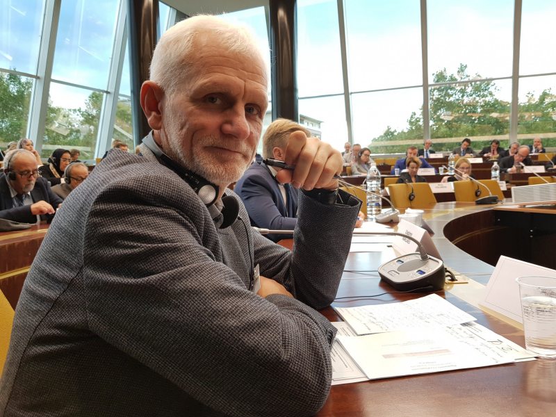 Ales Bialiatski at a hearing at PACE's Committee on Political Affairs and Democracy in Strasbourg. October 1, 2019