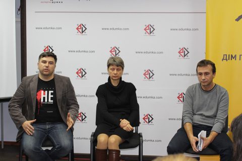 Andrei Paluda, Liubou Kavaliova and Serhiy Burov in Chernihiv. Discussion "Legal Murder", held within the framework of the Week against the Death Penalty in Belarus