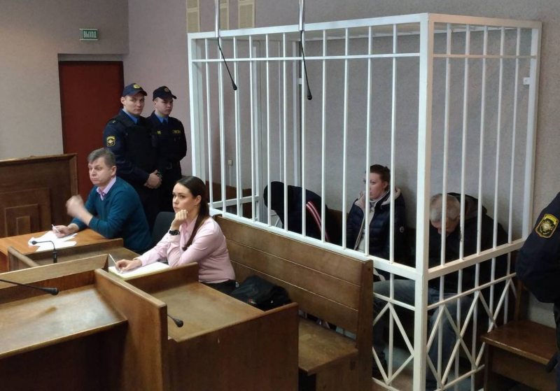 Viachaslau Sukharka, Aliaksandr Zhylnikau and Alina Shulhanava during a court hearing on 20 January 2018