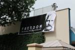 Banner “freedom to political prisoners” hanged out on the building of the Belarusian Embassy
