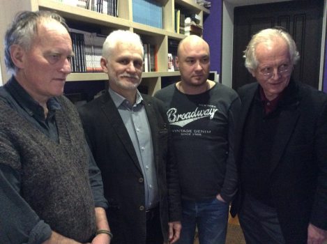 Erling Kitelsen, Ales Bialiatski, Valiantsin Stefanovich and William Nygaard at Viasna’s office. February 16, 2015.