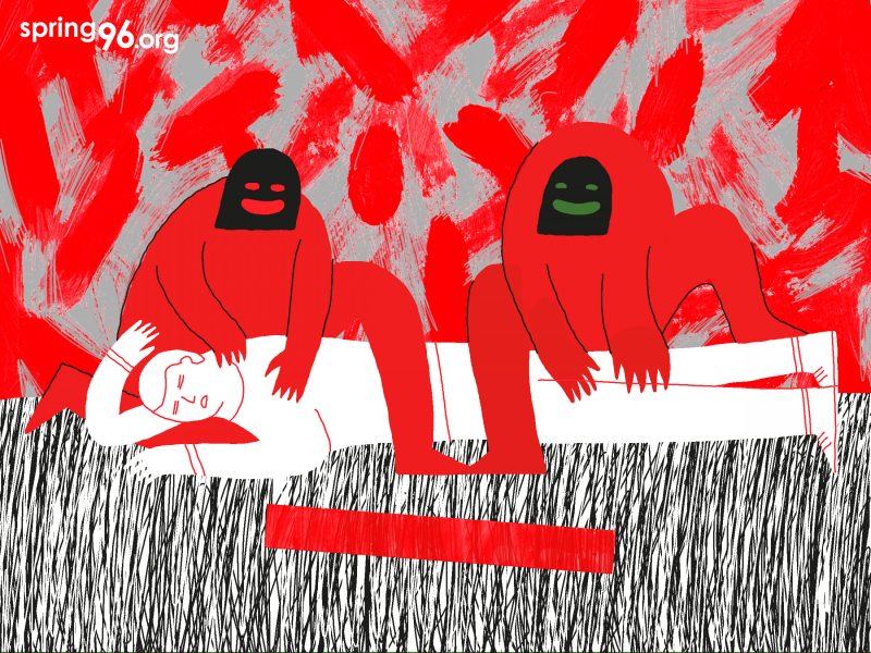 Torture of Aliaksei Kavaleuski. Illustration by Volha Prankevich