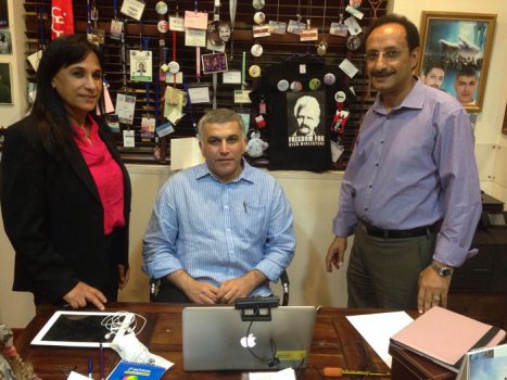 Nabeel Rajab (center), together with FIDH Secretary General Amina Bouayach and FIDH Vice-President Ezzedine Al Asbahi, on the day of his release