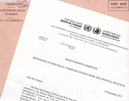 Письмо КПЧ ООН о регистрации жалобы Валерия Репнина.