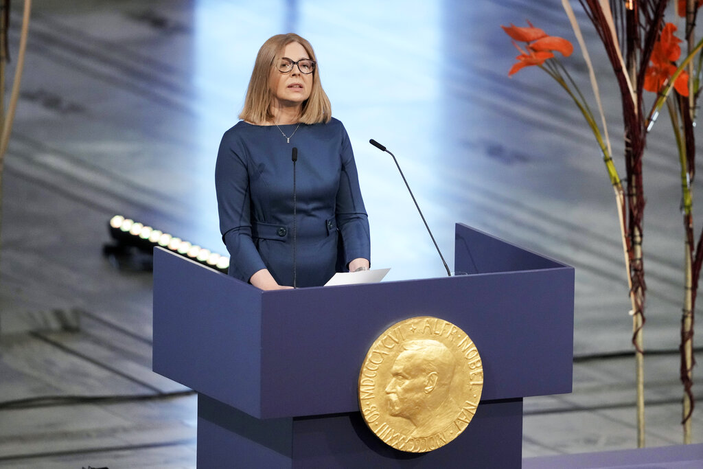 Natallia Pinchuk at the Nobel Peace Prize ceremony for Ales Bialiatski in Oslo on December 10, 2022. Photo: Markus Schreiber