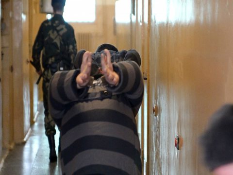 Persons convicted of particularly serious crimes escorted along the corridor in a prison in Žodzina. Photo: zhodinovel.com
