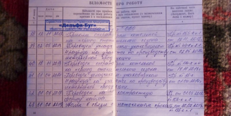 Трудовая книжка Сергея Вакуленко с отметкой об увольнении